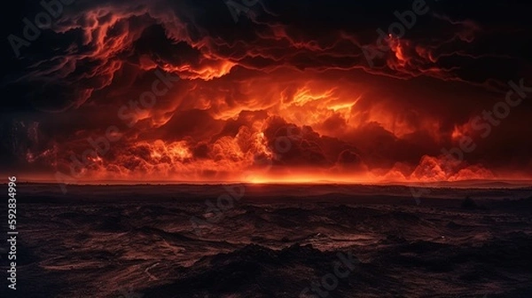 Obraz Bright red sunset. Dramatic evening sky with clouds. Fiery skies with space for design. Magic fantasy sky. War, battle, terror, world apocalypse, horror concept.