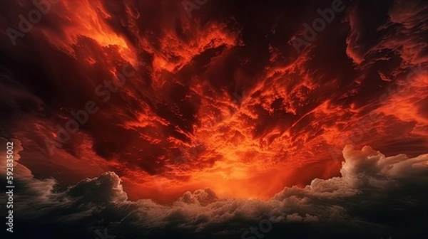 Obraz Bright red sunset. Dramatic evening sky with clouds. Fiery skies with space for design. Magic fantasy sky. War, battle, terror, world apocalypse, horror concept.