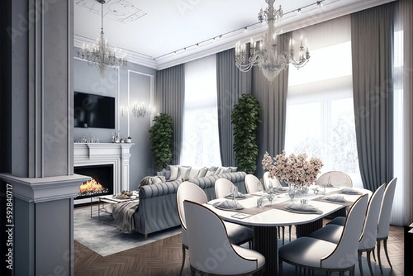 Obraz An Elegant Dining Experience: A Spacious White Table Adorned with a Chic Gray Tablecloth, Perfectly Set for a Lavish Dinner Gathering AI Generative