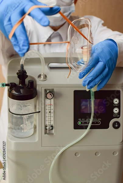 Fototapeta Hands in medical gloves hold out an oxygen mask against the background of the oxygen generator concentrator to deliver at low lung oxygen saturation for Covid-19 pneumonia. Focus on oxygen mask