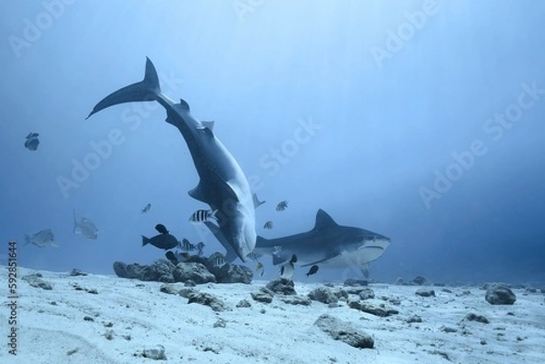 Fototapeta Tiger sharks crusiing in the maldives with diver