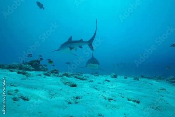 Fototapeta Tiger sharks crusiing in the maldives with diver