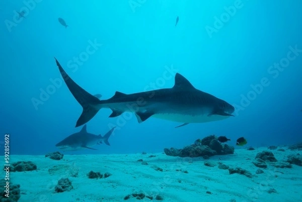 Fototapeta Tiger sharks crusiing in the maldives with diver