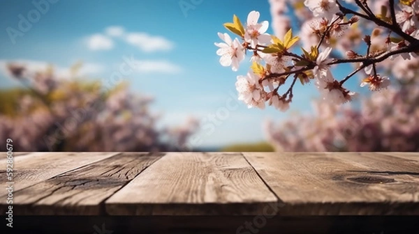 Fototapeta Empty wood table in front of cherry blossom and blue sky at summer blurred background concept image for product commercial ad Generative AI
