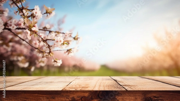 Fototapeta Empty wood table in front of cherry blossom and blue sky at summer blurred background concept image for product commercial ad Generative AI