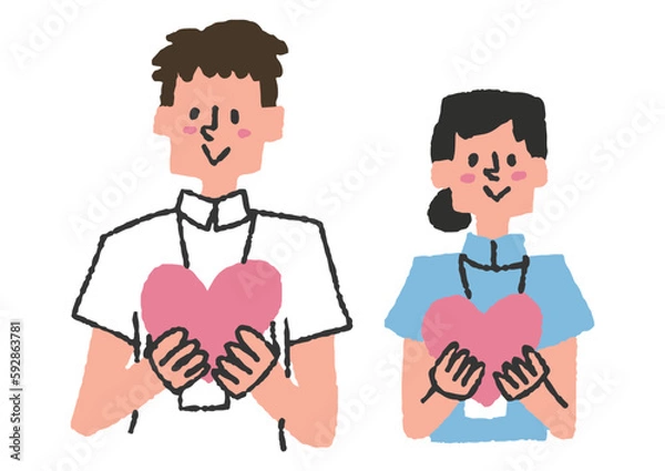 Obraz ハートを持っている男性と女性の看護師のイラストセット