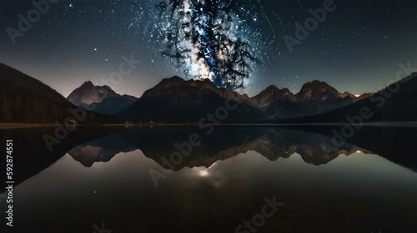 Fototapeta Majestic mountains under starlit sky mirrored in still water