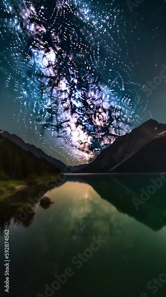 Fototapeta Majestic mountains under starlit sky mirrored in still water