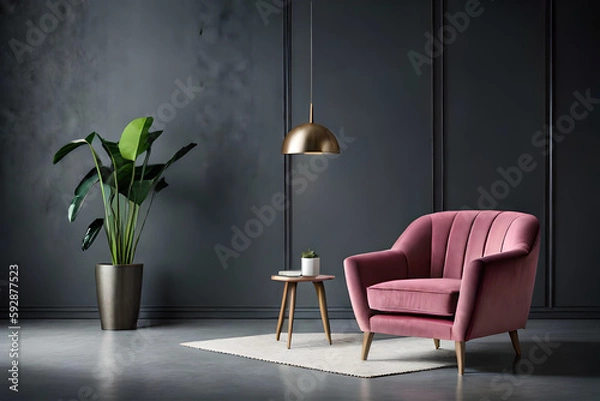 Obraz Living room with a beautiful and stylish light pink armchair in front of a dark grey empty wall | Interior design of a modern living room | Generative Ai