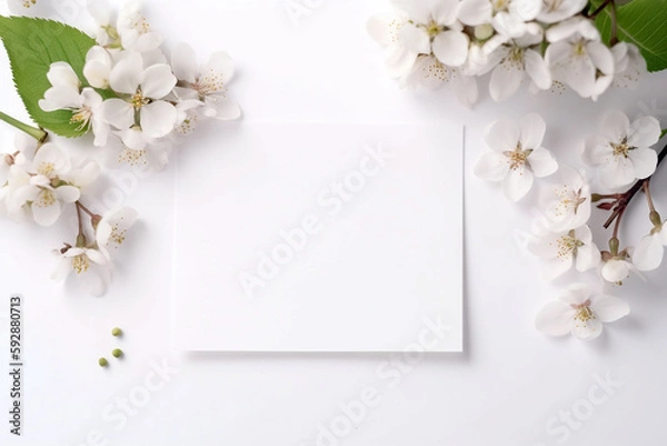 Obraz Empty horizontal blank of paper top view mockup with cherry blossom on white table. Flat card and bloom spring floral sakura for template of invitation, greeting, birthday. Generative AI