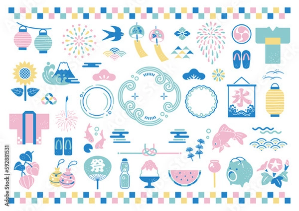 Fototapeta 日本の伝統的な夏の素材とフレームセット