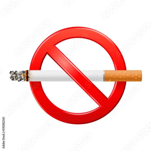 Fototapeta Forbidden no smoking red sign. Dangers of smoking effect on lung tooth heart with people around and family. World No Tobacco Day. Icon 3D file PNG.