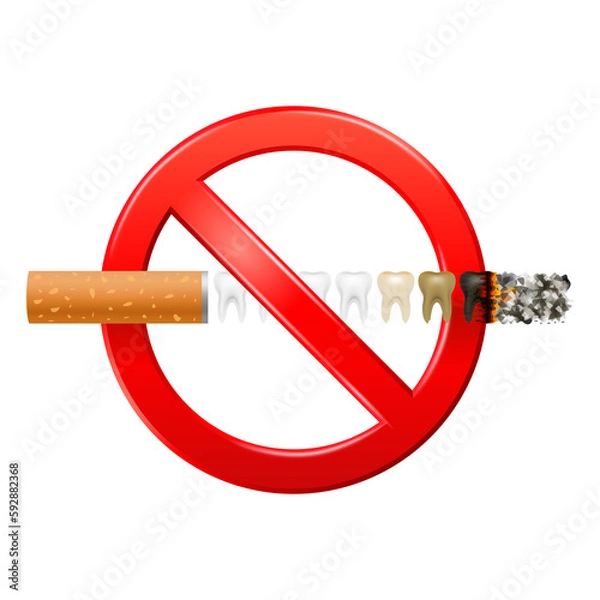 Fototapeta Forbidden no smoking red sign. Dangers of smoking effect on lung tooth heart with people around and family. World No Tobacco Day. Icon 3D file PNG.