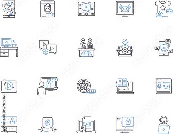 Fototapeta Media outline icons collection. Media, Journalism, Broadcasting, Newspapers, Radio, Television, Social vector and illustration concept set. Internet, Magazines, News linear signs