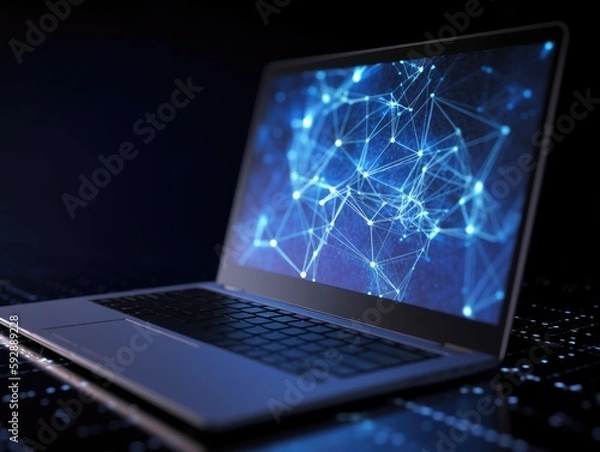 Obraz Illustration. Open laptop with big data background, Ai Generative.
