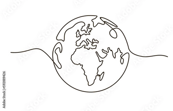 Fototapeta Glob. Ziemia Globe Jeden liniowy rysunek mapy świata minimalistyczna ilustracja wektorowa na białym tle. Ciągłe rysowanie linii.