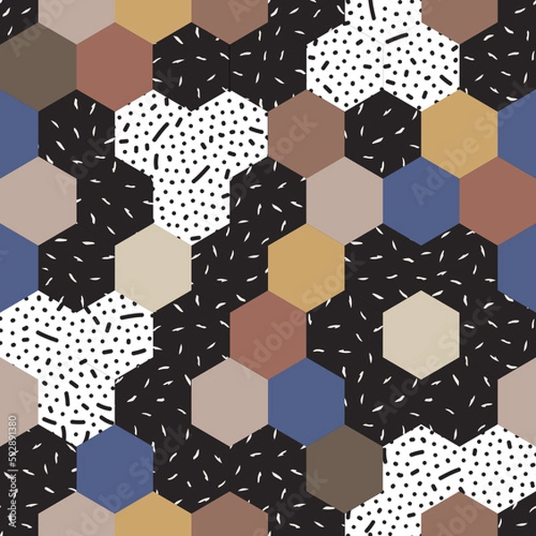 Fototapeta Seamless abstract pattern of mosaic with spot texture, dots point and lines- illustration. Hexagon