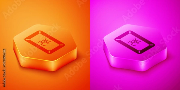 Fototapeta Isometric Gold bars 24k icon isolated on orange and pink background. Banking business concept. Hexagon button. Vector