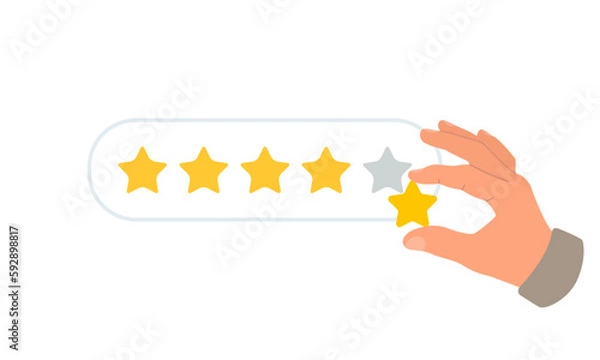 Fototapeta Customer hand give rating 5 stars. Vector illustration of review rating and feedback. Flat design isolated on white background.