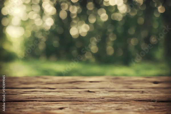 Fototapeta 3D Illustration with wooden natural floor and blurred trees background with bokeh effect. Template for product placement.