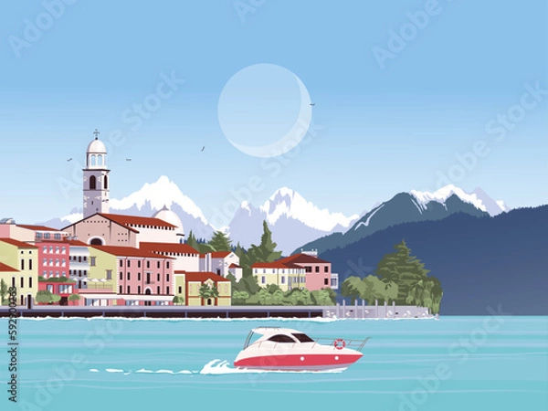 Fototapeta Panoramic view to the center of Salo at the lake Garda in Italy, Lombardia with alpes and blue sky Illustration in minimalist style.