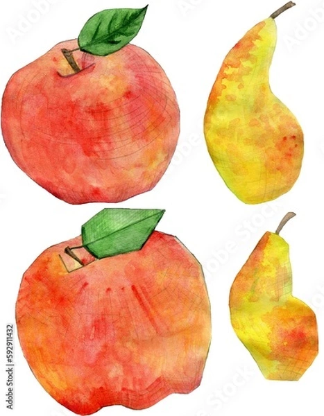 Fototapeta Apple and pear on white background. Smooth and geometric versions. Watercolor illustration.