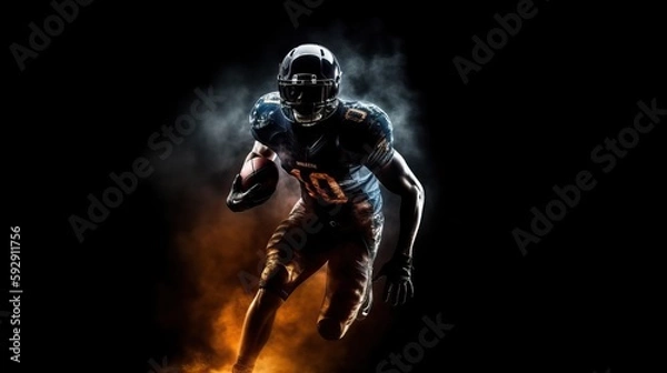 Fototapeta Silhouette of American football player, player in action on black background. Generative AI
