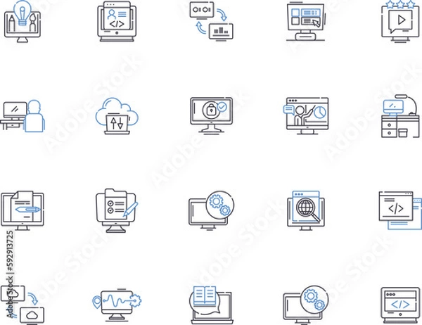 Obraz Computing outline icons collection. Computing, Technology, Hardware, Software, AI, Coding, Robotics vector and illustration concept set. Networks, Databases, Cloud linear signs
