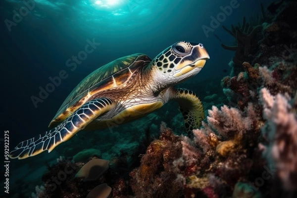 Fototapeta A turtle swimming under water, generative AI