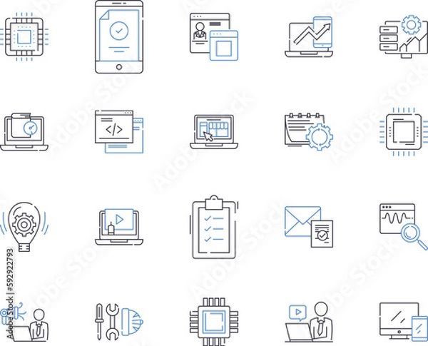 Fototapeta machine learning outline icons collection. machine, learning, AI, neural, networks, algorithm, data vector and illustration concept set. prediction,supervised,unsupervised linear signs