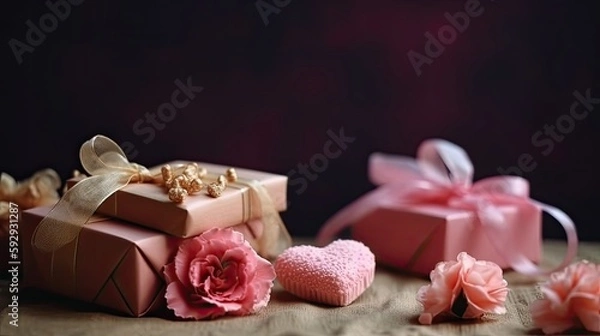 Fototapeta Roses with gifts and copy space for text, background for special celebration like valentine's day, women's day and mother's day etc.