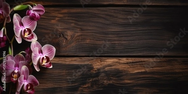 Fototapeta Orchids on Wooden Background with Copy Space for Text 