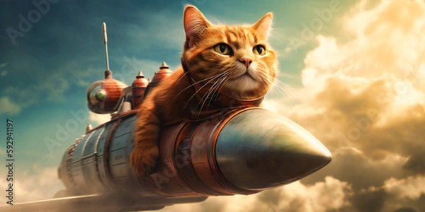 Fototapeta a picture of a cat flying around in a rocket