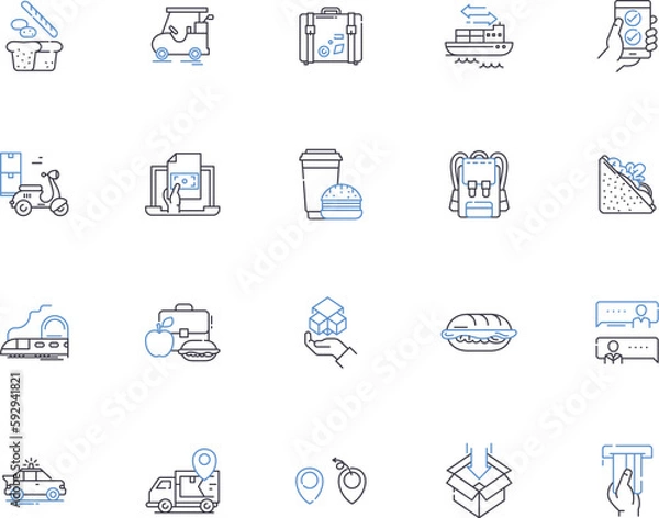 Fototapeta Warehouse management outline icons collection. Warehousing, Inventory, Logistics, Dispatch, Automation, Ergonomics, Processes vector and illustration concept set. Fleet, Delivery, Compliance linear