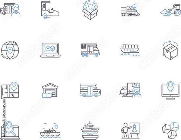 Fototapeta Supply chain outline icons collection. Logistics, Management, Optimization, Supply, Chain, Distribution, Tracking vector and illustration concept set. Warehouse, Inventory, Forecasting linear signs
