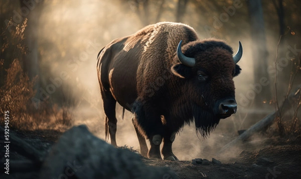 Obraz photo of Bison in its natural habitat during sunrise. Generative AI