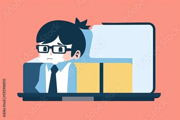 Fototapeta a cute nerd sleeping at a computer desk, digital art