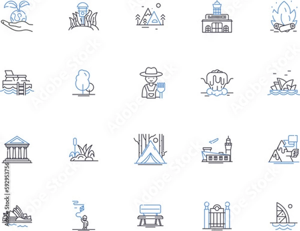 Fototapeta Landscapes outline icons collection. Scenery, Forests, Plains, Mountains, Vistas, Grasslands, Fields vector and illustration concept set. Grass, Hills, Trees linear signs