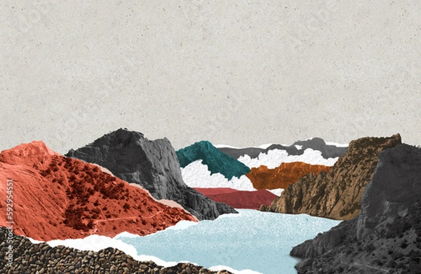 Obraz Surreal collage composition made of torn pieces of vintage photos. Hidden lake in mountains. Paper art. Exploring mood
