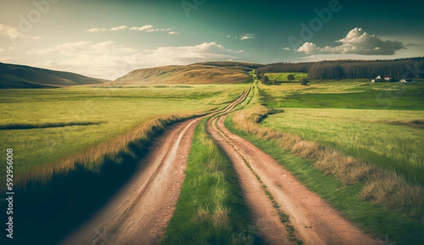Fototapeta Scenic view of dirt road and grassy field with large cumulus clouds in the sky, Generative ai