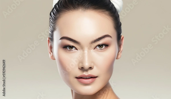 Fototapeta close up Pretty supermodel woman with luxury make-up and naked shoulders, looking at camera and smiling,A SKincare and beauty concept, Generative AI