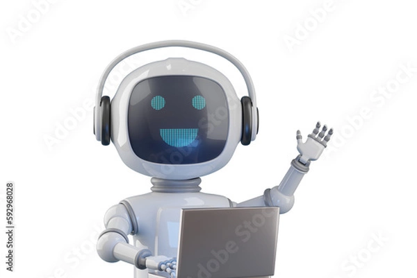 Obraz Friendly cartoon style chat robot with laptop waving hello. 3d illustration.