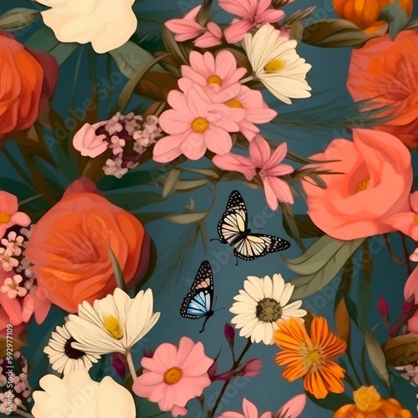 Fototapeta Seamless pattern of Beautiful Butterflies in the gorgeous flowers. AI generated