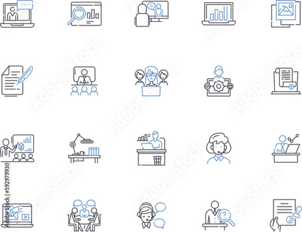 Fototapeta Workplace outline icons collection. Job, Office, Building, Desk, Employee, Team, Environment vector and illustration concept set. Supervisor, Floor, Meeting linear signs