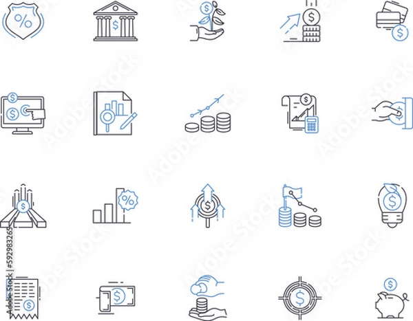 Fototapeta Investment outline icons collection. Investment, Fundraising, Stocks, Assets, Portfolio, Capital, Bonds vector and illustration concept set. Futures, Forex, Trading linear signs