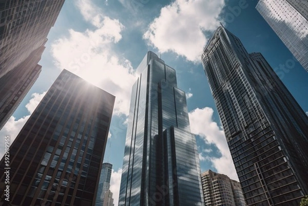 Obraz Modern tower buildings or skyscrapers in financial district with cloud on sunny day in Chicago, USA. Construction industry, business enterprise organization, or communication. Generative AI