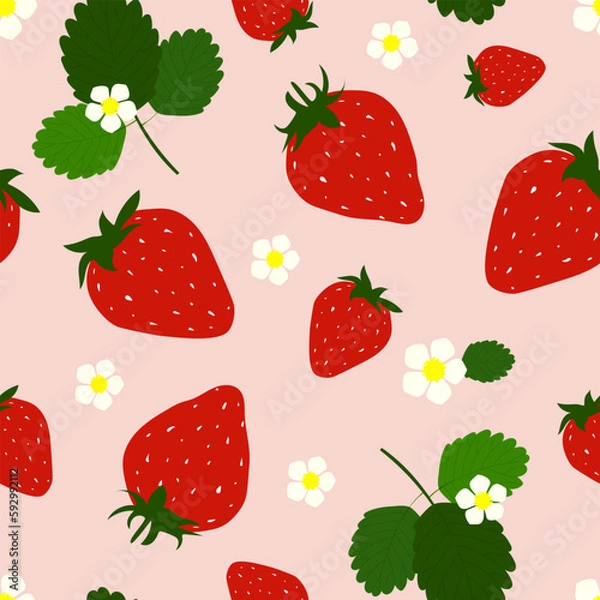 Fototapeta Red strawberries with green leaves and white flowers on a light pink background create a cute summer seamless pattern. Vector.