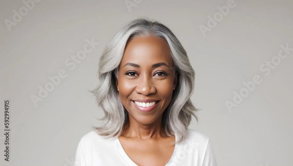 Fototapeta Black African American woman portrait with white middle wavy hair hairstyle on empty grey background. Copy space for product placement. Generative AI