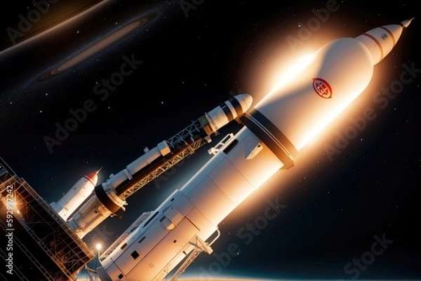 Fototapeta Ultra-realistic image of the Saturn V rocket taking off at night made with Generative AI technology