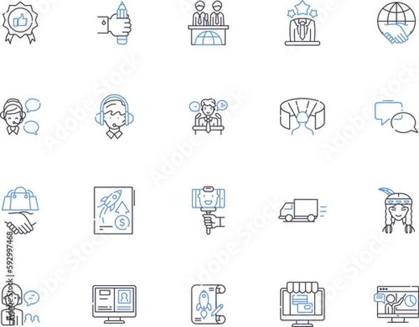 Fototapeta Advertising outline icons collection. Promotion, Branding, Publicity, Media, Placement, Campaign, Reach vector and illustration concept set. Audience, Visibility, Exposure linear signs